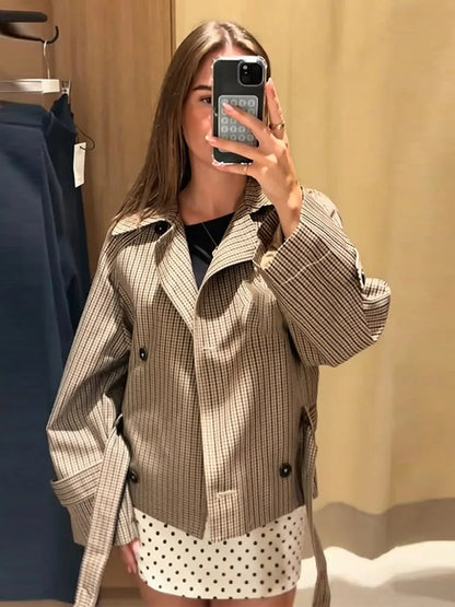 Plaid Women's Outerwear Lapel Double Breasted Trench Coat Belted Raglan Sleeve Jacket French Vintage Style Daily Fashion Wear