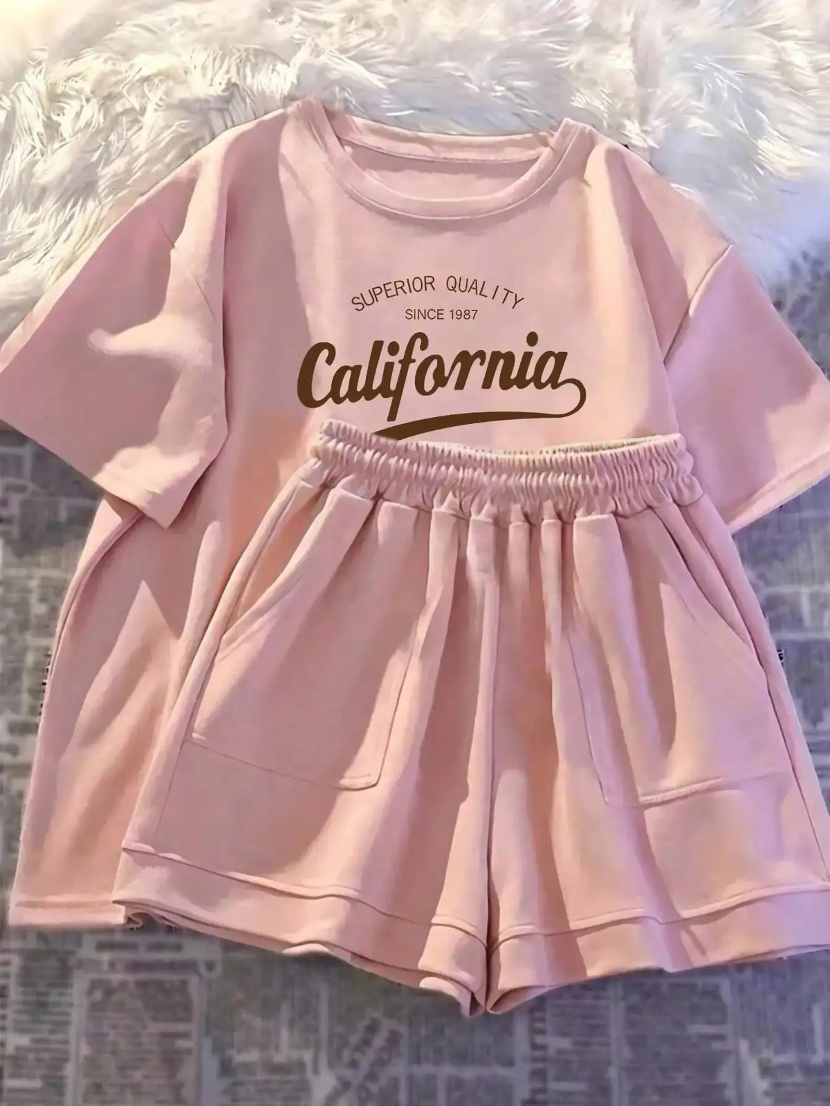 Women's Casual Daily Short-Sleeved Love Printed+Striped Printed Shorts 2-Piece Set with Random Belt Striped Children's Clothing