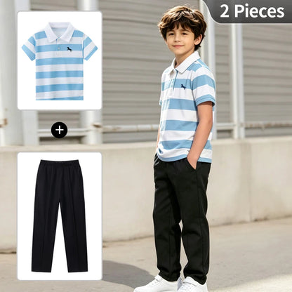 2-piece Summer Children's Casual Suit For Boys Cool Polo Short Sleeved Top Comfortable Solid Color Pocket Pants Trendy Clothing