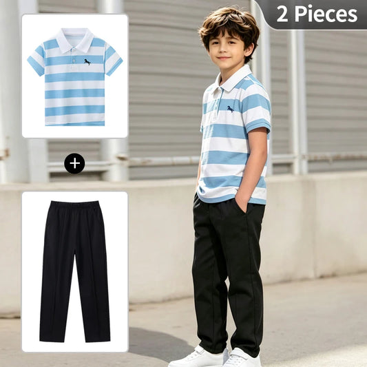 2-piece Summer Children's Casual Suit For Boys Cool Polo Short Sleeved Top Comfortable Solid Color Pocket Pants Trendy Clothing