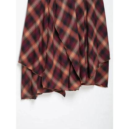 YENKYE Women Multicolored Plaid Midi Skirt High Waist Double-layer Sexy Slit Asymmetrical Skirts