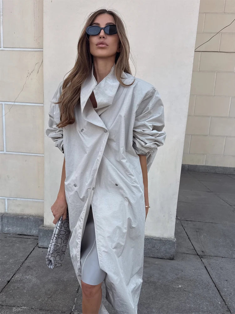 Women Casual Long Trench Coat with Lapel Collar Single-Breasted Batwing Sleeves Windbreaker New Streetwear Oversized Outerwear