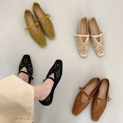 SUOJIALUN New Brand Women Flat Shoes Fashion Hollow Out Shallow Slip On Ladies Elegant Boat Shoes Square Low Heel Single Shoes
