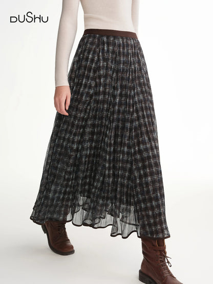DUSHU Blue Brown Plaid Tulle Pleated Plaid Midi Skirt Women A-line Irregular Midi Skirt for Winter Vintage Fairy Personality Ins