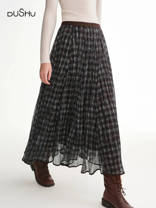 DUSHU Blue Brown Plaid Tulle Pleated Plaid Midi Skirt Women A-line Irregular Midi Skirt for Winter Vintage Fairy Personality Ins