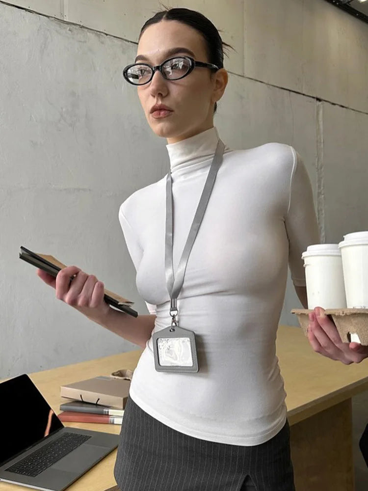 Women's Basic Turtleneck Top Casual Summer Comfortable Half Sleeve Tees Fashionable White Black Basicwear