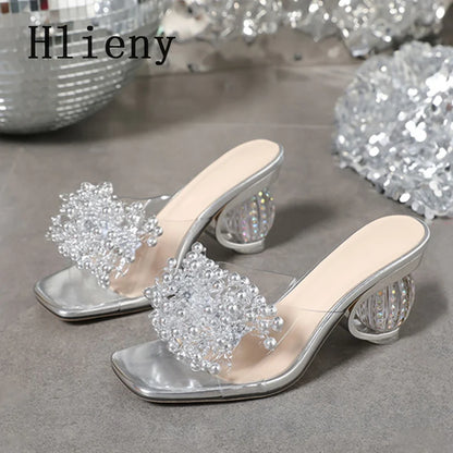 Hlieny Silver Crystal Ball Low Heel PVC Transparent Clear Slippers Women Peep Toe Summer Sandals Fashion Design Slides Shoes