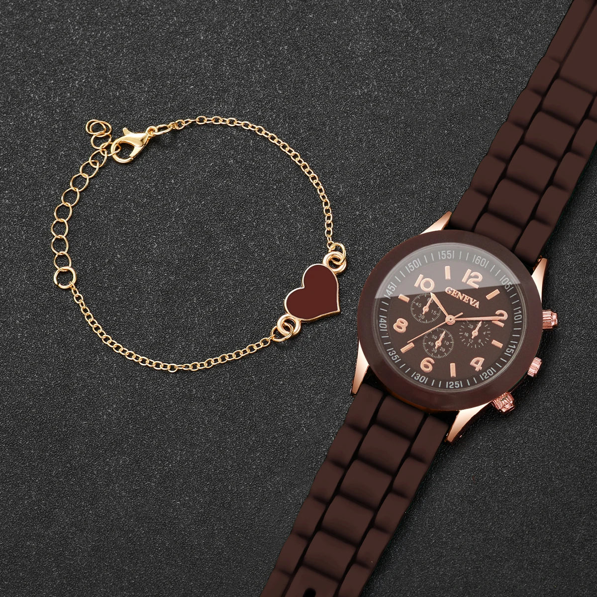 2PCS Fashion Women Quartz Watch Heart Bracelet Set Silicone Strape Decorative Sub‑Dials Wristwatch Relogio Feminino（Without Box）