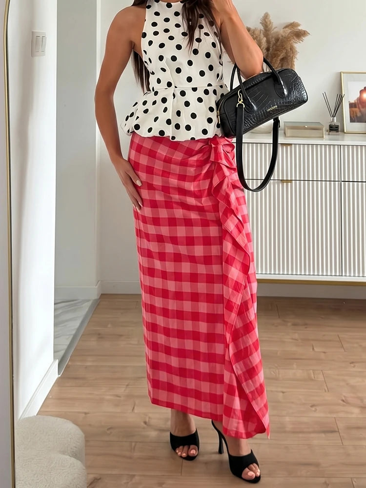HH Elegant Summer Red Plaid Midi Skirt For Women Chic High Waist Stacked Ruffle Decoration Midi Skirt Female Party Wear