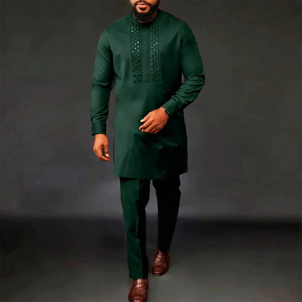 2025 African Men Dashiki Long Sleeve 2 Piece Set Traditional Outfit Africa Clothing White Men's Suit Male Shirt Pants Suits