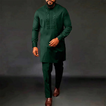 2025 African Men Dashiki Long Sleeve 2 Piece Set Traditional Outfit Africa Clothing White Men's Suit Male Shirt Pants Suits