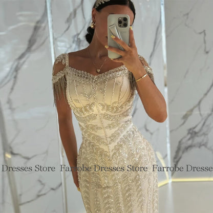 Charming Heavy Work Evening Dresses Satin Sheath/Column Valentine's Day Dress Ivory V-neck Beads Tassel Birthday Party Dresses