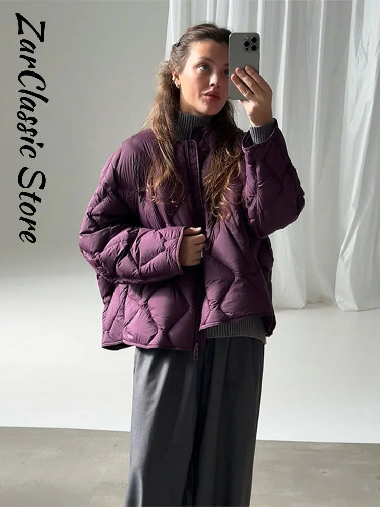 Elegant Women's Winter Jacket Casual Round Neck Zip-up Full Sleeve Loose Quilted Padded Coats New Fashion Warm Outwear 2026