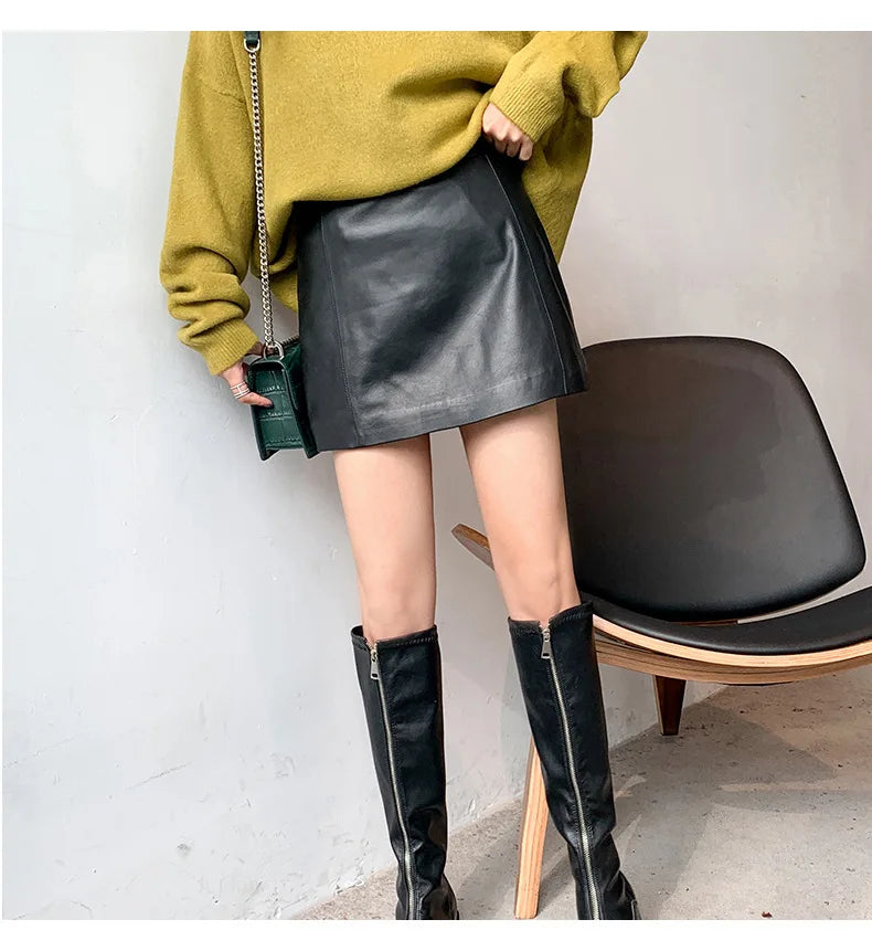 Sheepskin Leather Skirt Women 2026 Fashion New High Waist Skirt Spring Autumn Slim Mini Skirt Genuine Leather Shorts Boots Y2k
