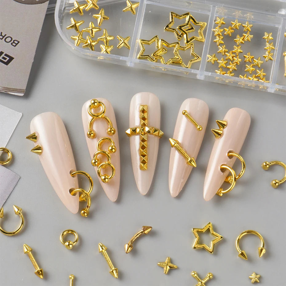12 Grids Punk Silvery Golden Rivets Style Nail Charms Y2K Metal Golden Pierced Rivets Solid Nail Art Decoration Nail Accessories