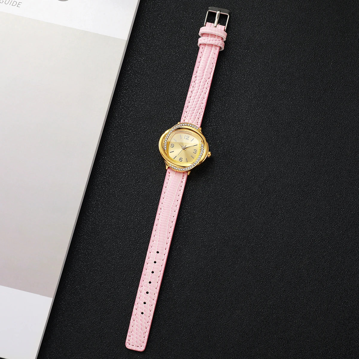 Elegant Rhinestone Golden Dial Women Quartz Watch Leather Strap Ladies Dress Wristwatches Clock Relogio Feminino (Without Box)