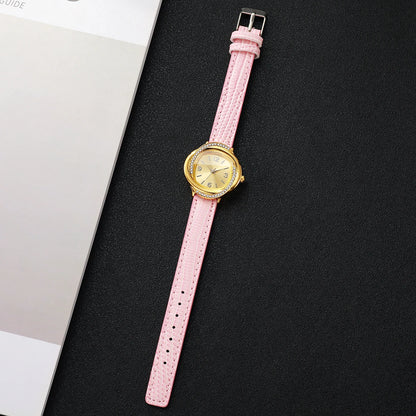 Elegant Rhinestone Golden Dial Women Quartz Watch Leather Strap Ladies Dress Wristwatches Clock Relogio Feminino (Without Box)