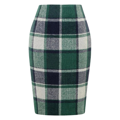 Women Tartan Plaid Thick Woolen Pencil Skirt Lined Back Invisible Zipper High Waist Bodycon Midi Skirt For Daily Casual Outings