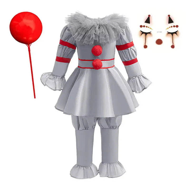 Scary Grey Joker Clown Costume for Kids Horrible Cosplay Dress Set 2026 Halloween Carnival Party Outfit Boys Girls