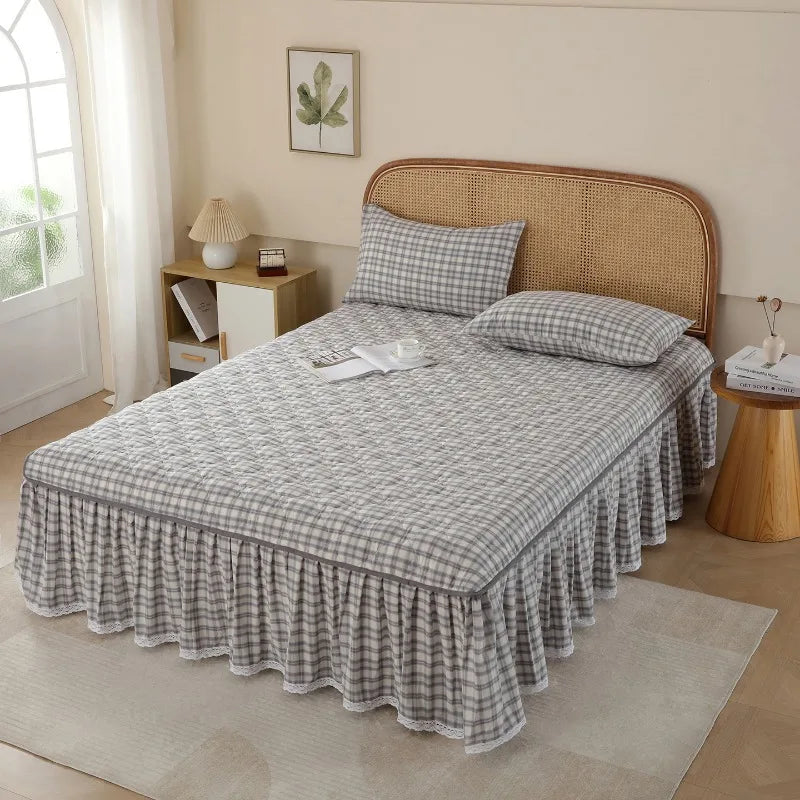 Cotton yarn-dyed padded bed skirt thickened and non-slip single-piece version dust-proof plaid printing, no pillowcase