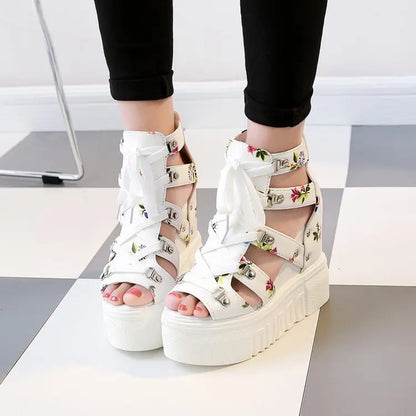 Summer New Women Wedge Sandals Color Patchwork Cross Lace-up High Heels Roman Shoes 12cm Fish Mouth Broken Flower Platform Shoes