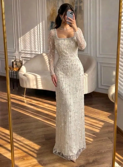 Aileen Elegant European Evening Dress Customized Ivory Tulle STRAIGHT Floor Length With Sequins Evening Dress Robes De