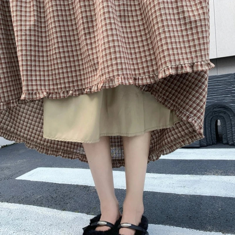 Qiukichonson 100%Cotton Plaid Skirt Women 2026 Spring Autumn Korean Casual High Waisted A-Line Ruffles Midi Long Maxi Skirts rok