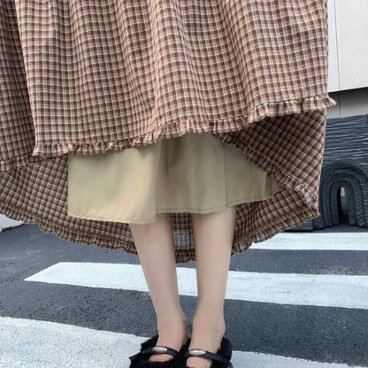 Qiukichonson 100%Cotton Plaid Skirt Women 2026 Spring Autumn Korean Casual High Waisted A-Line Ruffles Midi Long Maxi Skirts rok