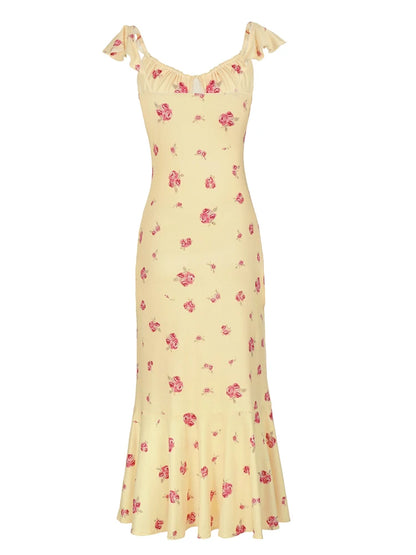 Organza Floral Printed Maxi Dress Women V Neck High Split Puff Sleeve Waist Cinching Ruffle Long Dresses Vacation Summer Outfits