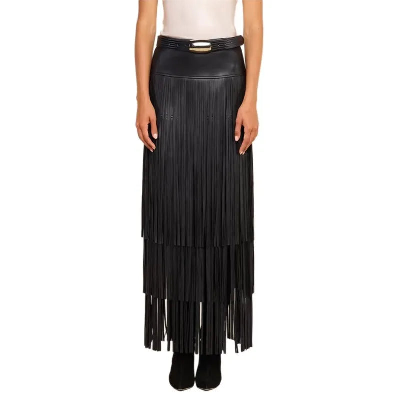Women Faux Leather Maxi Skirt High Waist Tiered Fringe Long Skirt Fashion Side Split Tassel Skirt For Party Club Nightwear