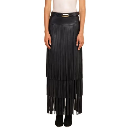 Women Faux Leather Maxi Skirt High Waist Tiered Fringe Long Skirt Fashion Side Split Tassel Skirt For Party Club Nightwear