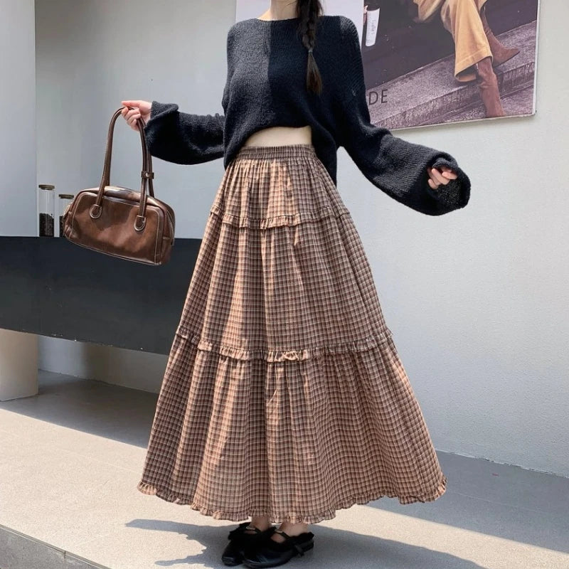 Qiukichonson 100%Cotton Plaid Skirt Women 2026 Spring Autumn Korean Casual High Waisted A-Line Ruffles Midi Long Maxi Skirts rok