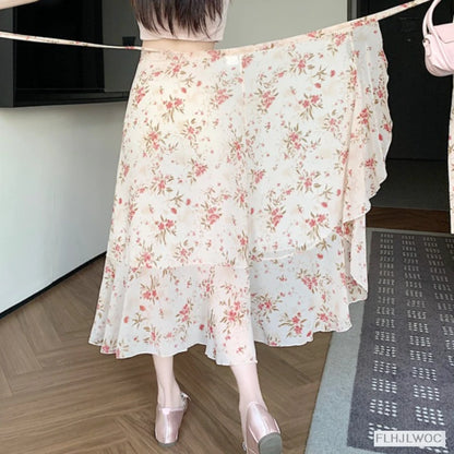 2025 Chic Korea Clothes Summer Women Cute Sweet GIrl Floral Robe Holiday Date High Waist Retro Vintage One-Piece Lace-Up Skirts