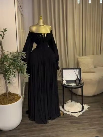 CM.YAYA 2026 Fall Winter Women Long Sleeve Halter Big Swing Long Maxi Dress Evening Birthday Trendy Sexy Vacation Party Dresses