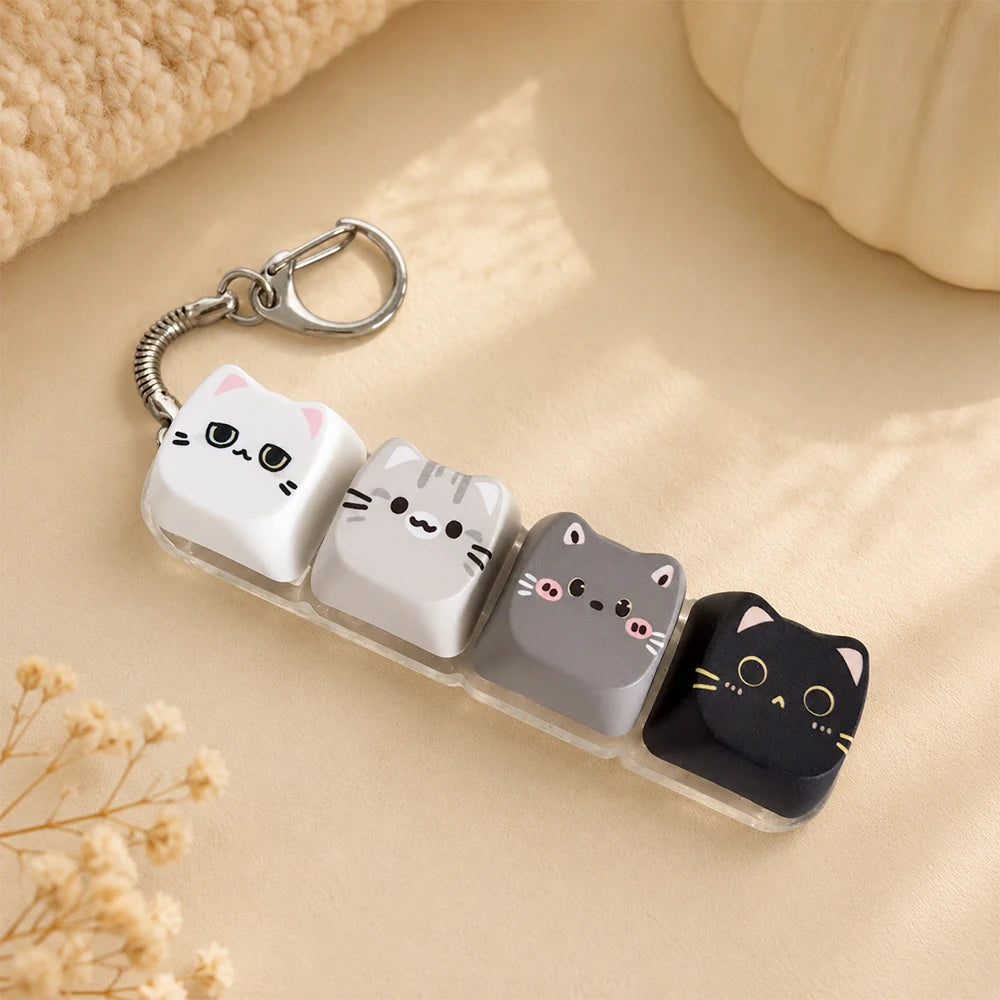 Cute Cat Relax Button Keycap, Kawaii Cat 4-Key Keyboard Fidget Toy for Friends Gift, Portable Fidget Keychain Fashion Bag Charm