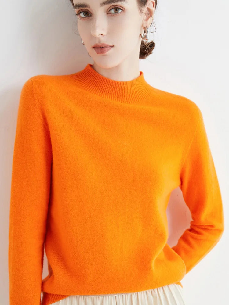 First-Line Seamless Women's Half-Turtleneck 100% Pure Wool Sweater Solid Color Long Sleeve Pullover Knitted Bottoming Sweater