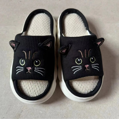 Kidmi Cute Kitty Women Slippers Fashion Breathable Indoor House Slippers Sweat-absorbing Linen Antiskid Slippers Casual Slippers