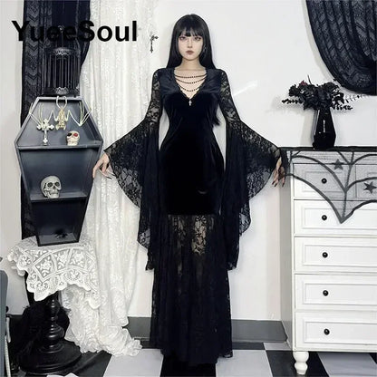 Halloween Gothic Grunge Punk Women Dress Long Sleeve Lace Slim Black Dresses 2026 New Y2K Harajuku Lolita Fairy Core Party Dress