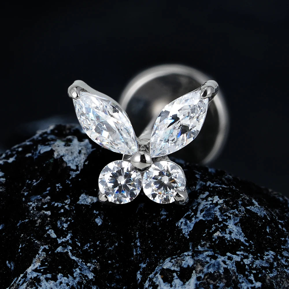 Right Grand ASTM F136 Titanium 16G Mini Butterfly CZ Labret Tragus Cartilage Conch Forward Helix Stud Nose Piercing Body Jewelry