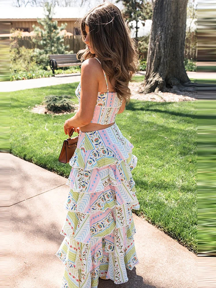 Vacation Floral Printed Cascading Ruffle Skirt Sets Women Sleeveless Sling Top Cake Long Skirts 2026 Summer Holiday Sweet Outfit