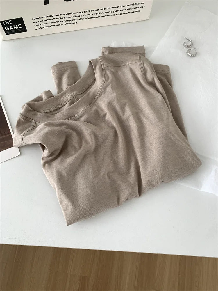 Silk Wool Splice Long Sleeve T-shirt Women Spring Summer Thin Soft Waxy Fit Solid Color Backing Top