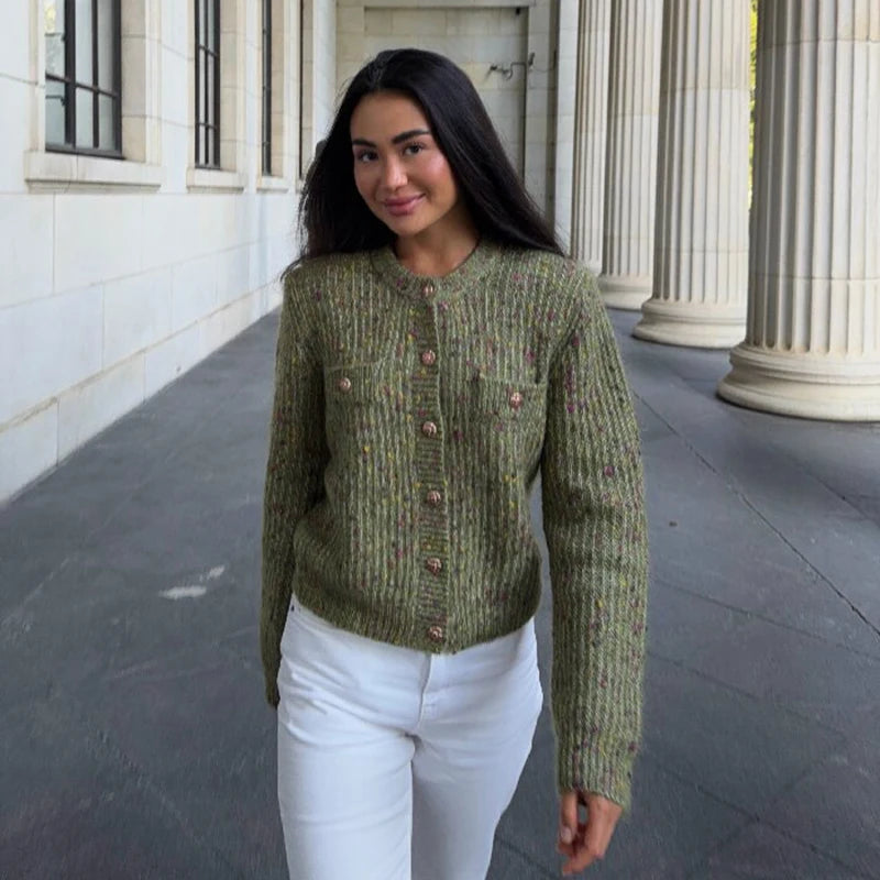 Women Cropped Knit Cardigan Speckled Round Neck Metal Button Front Long Sleeve Slim Fit Knit Jacket Casual Ladies Outerwear