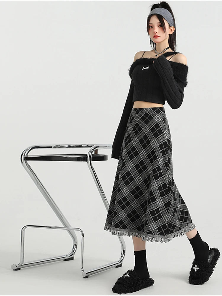 2025 Autumn Winter Women Korean Fashion A-line Plaid High Waist Midi Skirt Vintage Design Shoujo Preppy Style Tassel Trendy New