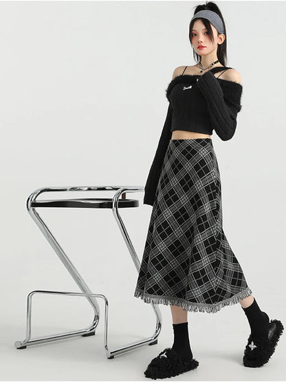2025 Autumn Winter Women Korean Fashion A-line Plaid High Waist Midi Skirt Vintage Design Shoujo Preppy Style Tassel Trendy New
