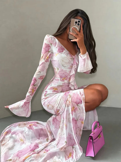 Women Floral Print Short Sleeve Maxi Dress Fashion V-neck Ruffle Trim Belted Slit Hem Dresses Casual Lady Daily Vacation Gowns
