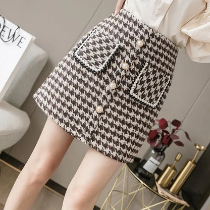 Women 2025 New Wool Houndstooth Short Skirt for Women in Autumn and Winter High-waisted Slim and Versatile A-line Hip-pack Skirt