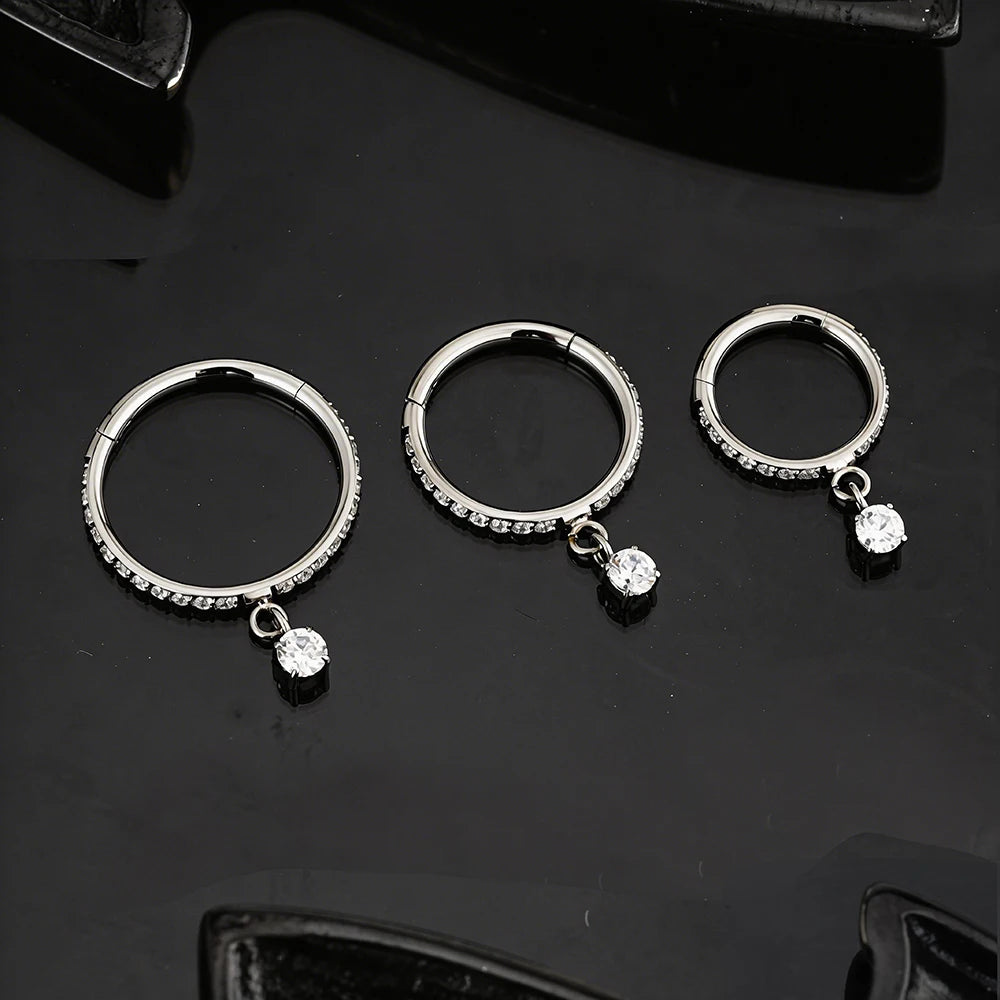 Right Grand ASTM F136 Titanium Round CZ Drop Helix Hoop Ring 16G Dangle Charm Segment Conch Clicker Cartilage Piercing Jewelry