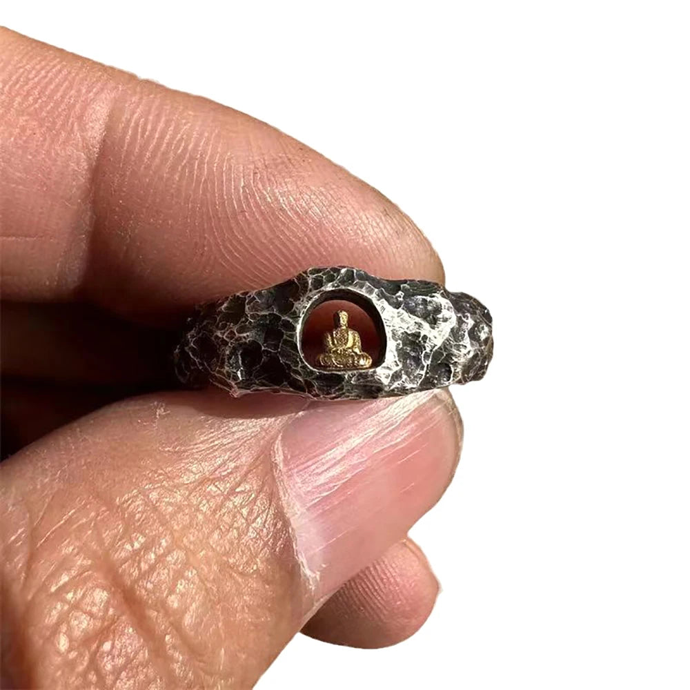 Handmade Buddha Ring Adjustable Size for Men Women Retro Grotto Rock Texture Buddhist Jewelry Hand Forged Spiritual Healing Gift