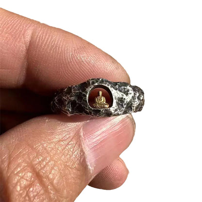 Handmade Buddha Ring Adjustable Size for Men Women Retro Grotto Rock Texture Buddhist Jewelry Hand Forged Spiritual Healing Gift