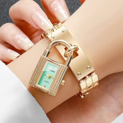 Fashion Blue Lock Shape Women Quartz Watch Golden Bracelet Strap Ladies Dress Wristwatches Clock Relogio Feminino（Without Box）
